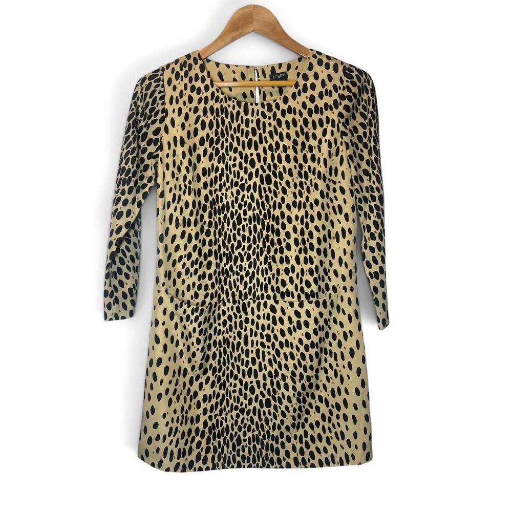 J.Crew Animal Print Shift Dress Size 0 Black Tan 3/4 Sleeve Pockets